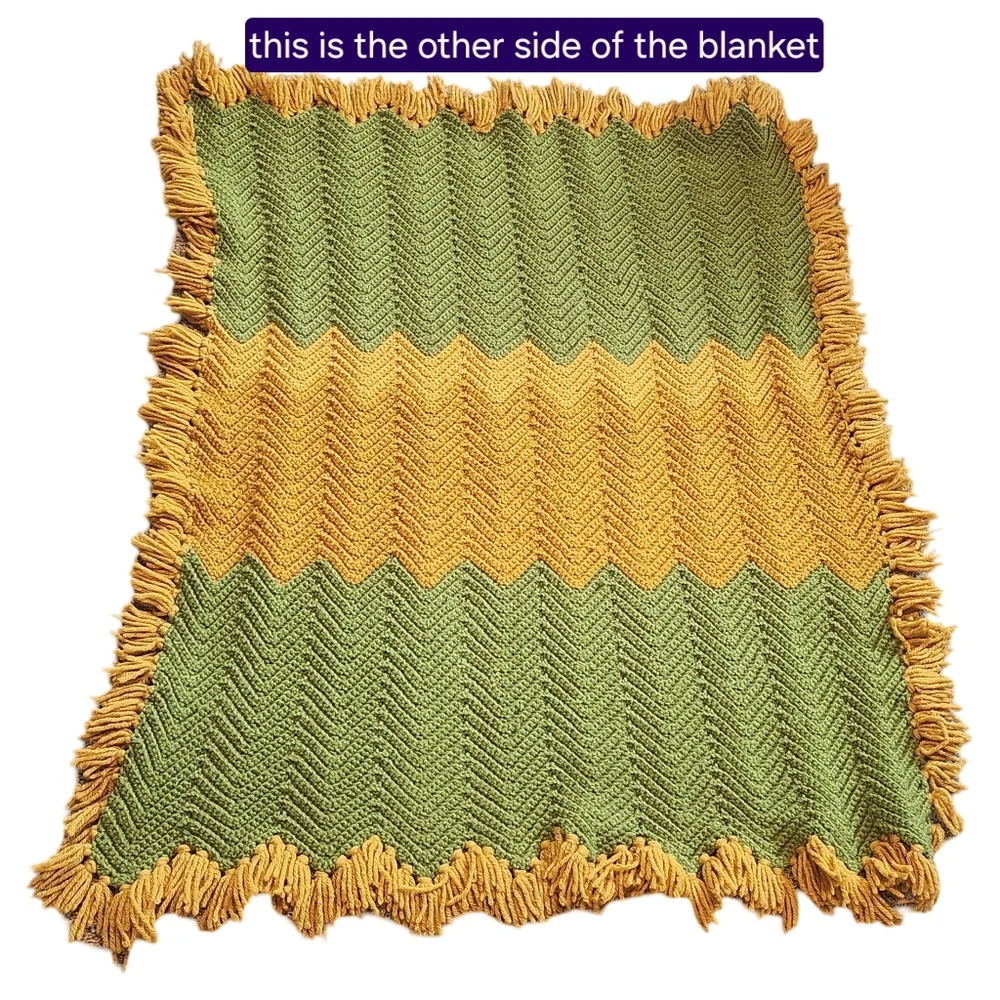Vintage Handmade Crochet Throw Blanket Green Gold Chevron Fringe 33x43 Groovy